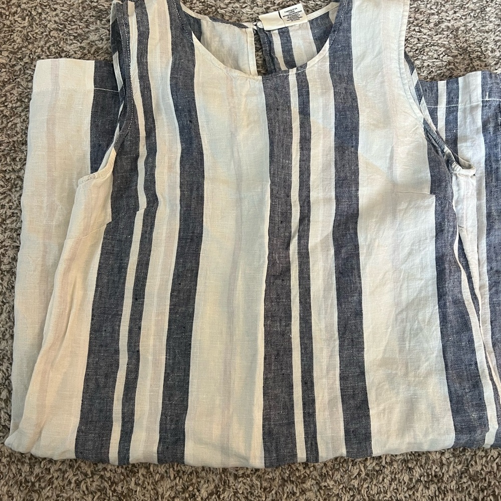 100% linen blue and cream Striped Sleeveless dress